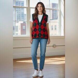 Vintage Pitlochry Scotland Wool  Argyle Red Sweater Vest Cardigan M preppy